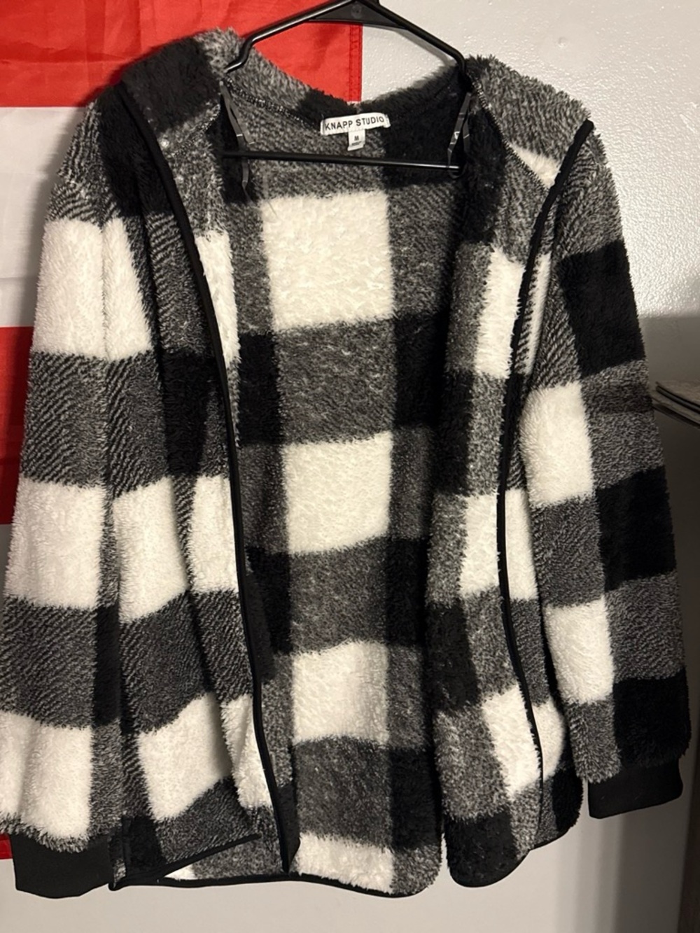 KNAPP STUDIO Black & White Buffalo Check Fuzzy Cardigan